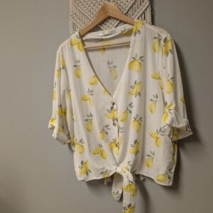 Simons Lemon Print Blouse in White and Yellow Light Toe Front XL Resort Vacation